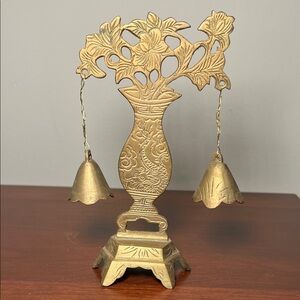 Vintage Asian Chinese Boho Etched Brass Floral Vase Bell Stand Feng Shui Decor
